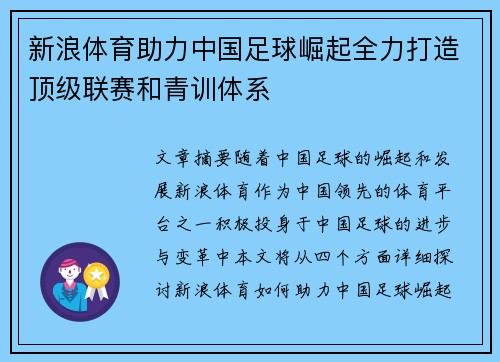 新浪体育助力中国足球崛起全力打造顶级联赛和青训体系